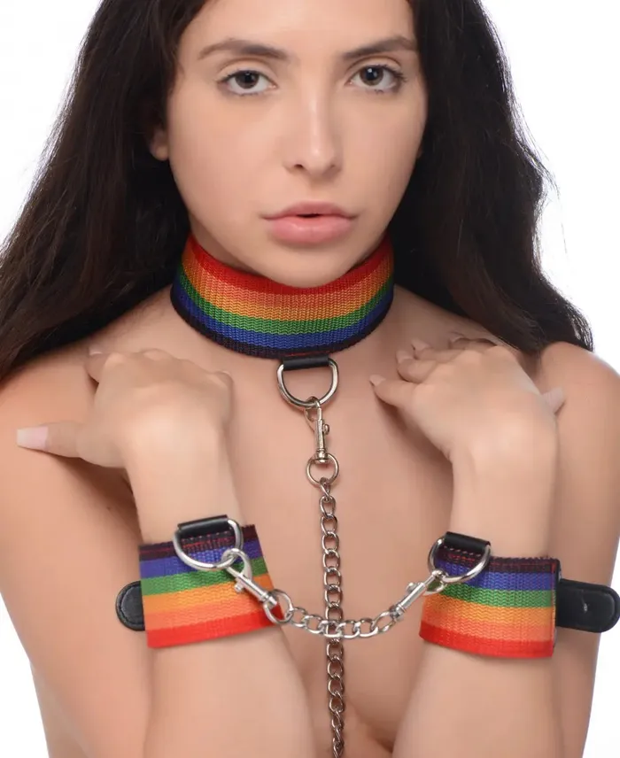 Master Series Rainbow Bondage Cuffs Kinky Pride BDSM Set with Collar and Leash Couples Master Series Rainbow Bondage Cuffs Kinky Pride BDSM Set with Collar and Leash Couples